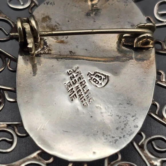 VTG EME 83 Sterling Silver 925 Green Onyx Filigree Brooch Pendant 2" Mexico - Picture 6 of 9